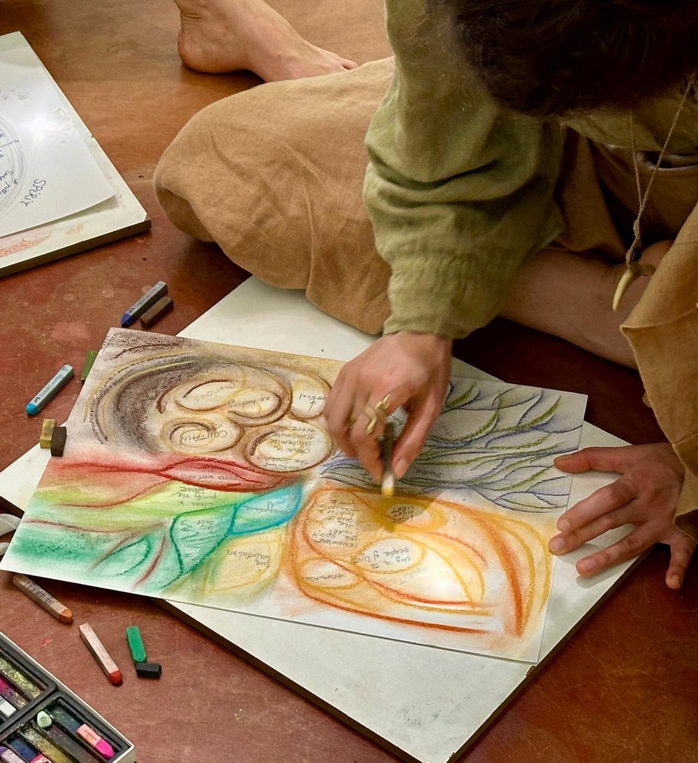 Persona realizando un dibujo con pasteles de colores